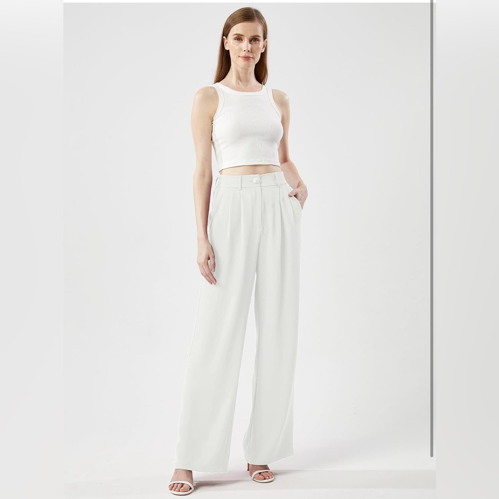 Old Money classic white pants stretchy size L Wide Leg Long Suit HighWaist